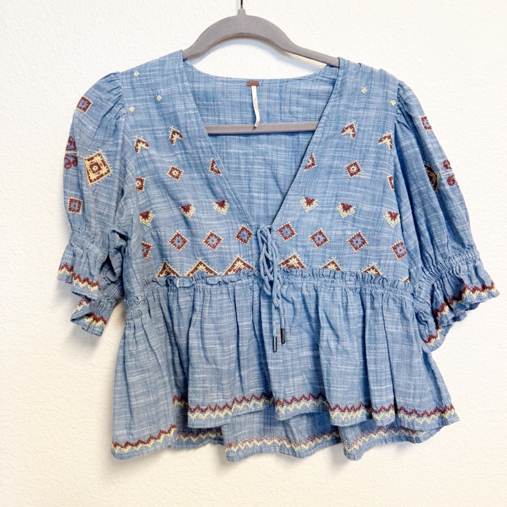 Free People Tallulah Embroidered Blue Babydoll Top Size XS - Picture 2 of 5